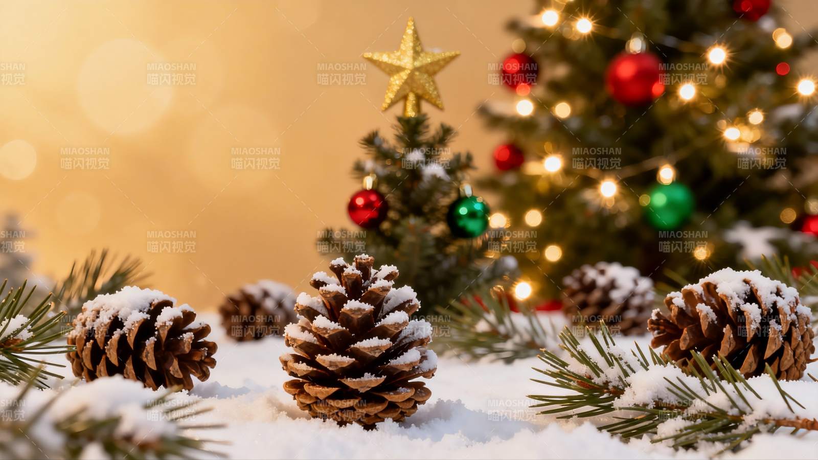 雪中松果与圣诞树装饰图片