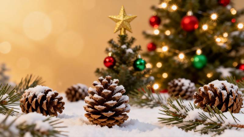 雪中松果与圣诞树装饰图片