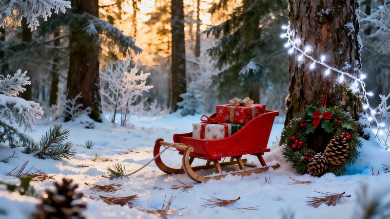 雪地圣诞雪橇与礼物图片
