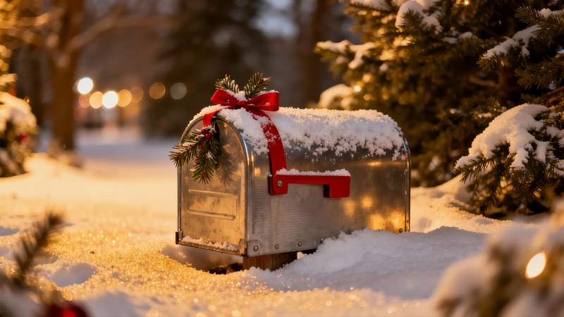 雪夜邮箱挂红饰图片