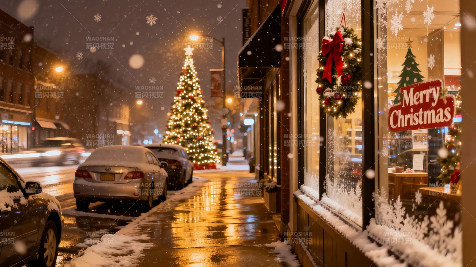 雪夜圣诞街景 车辆停靠 店铺装饰图片