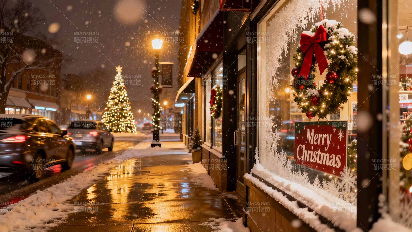 雪夜圣诞街景 车辆行人点缀图片