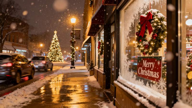 雪夜圣诞街景 车辆行人点缀图片