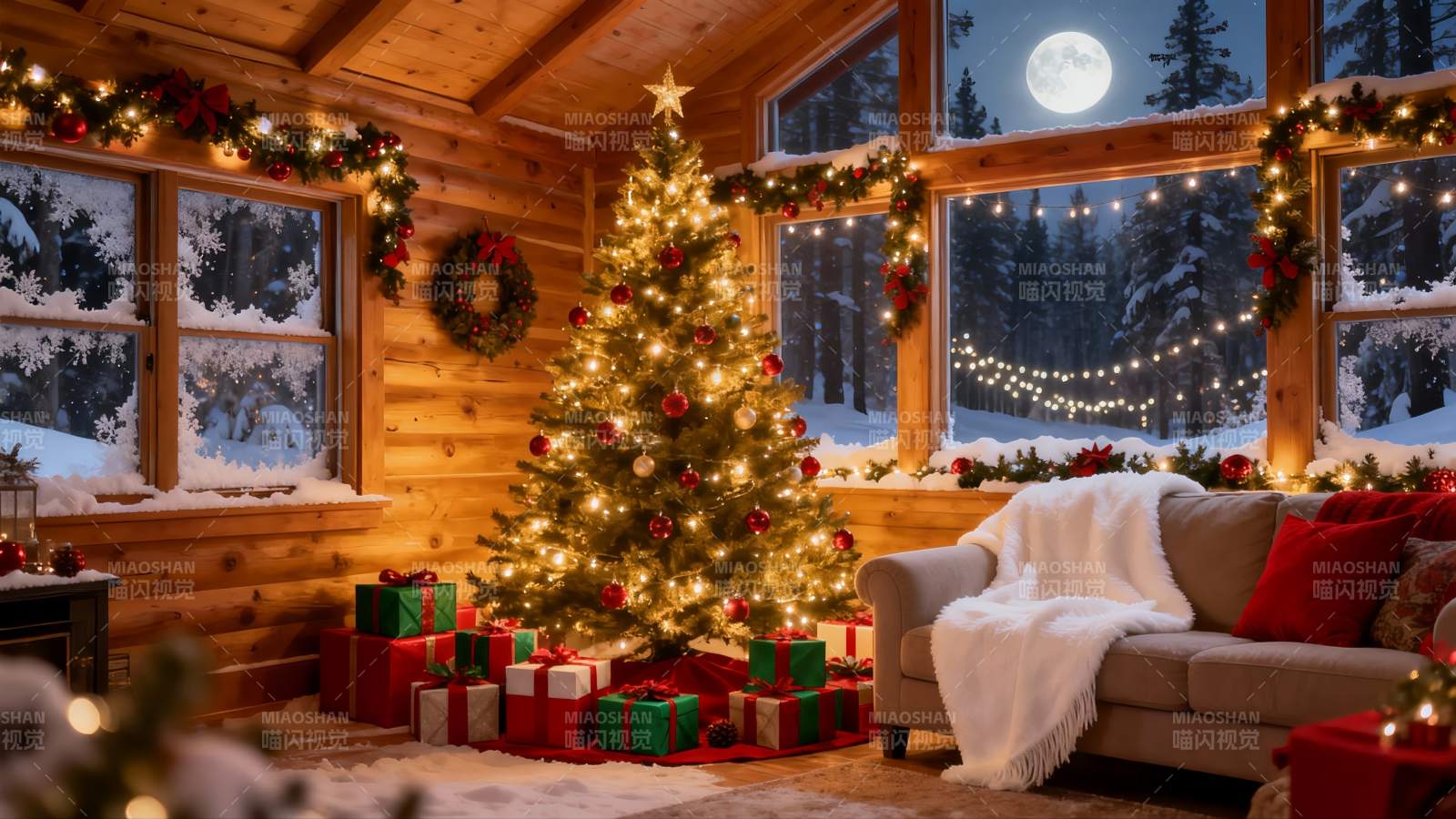 温馨圣诞夜木屋室内场景图片
