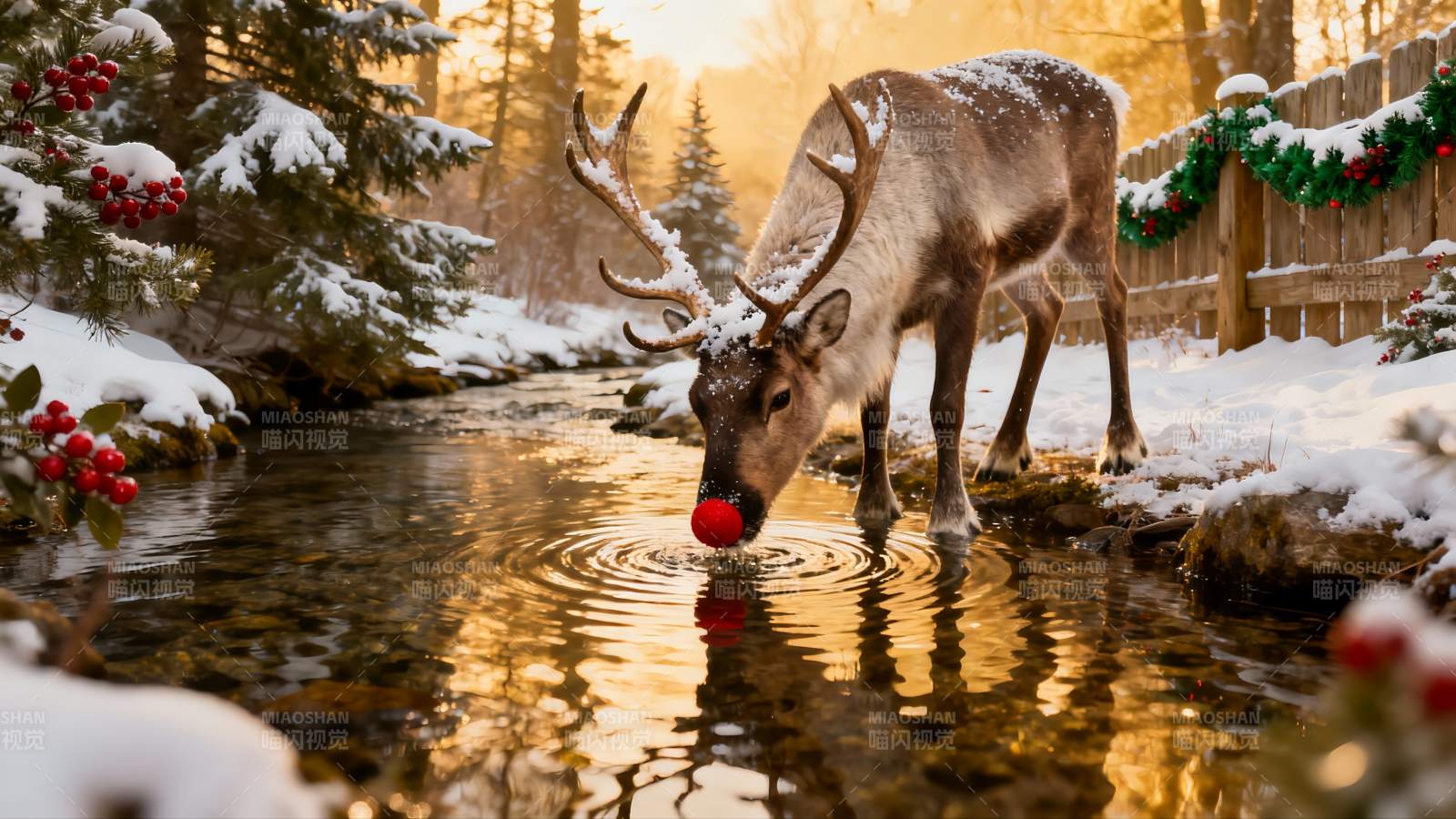 雪地驯鹿饮水红球点缀图片