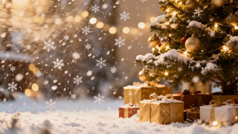 雪夜圣诞树与礼物盒图片
