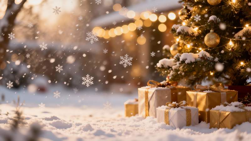 雪夜圣诞树下礼物图片