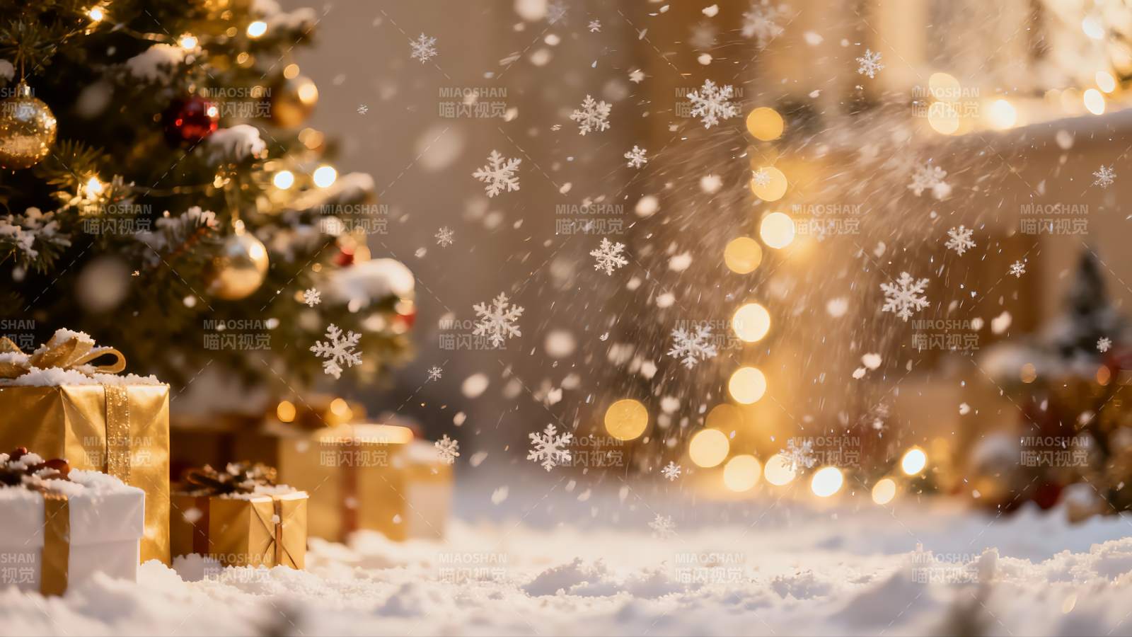 雪夜圣诞树下礼物堆图片