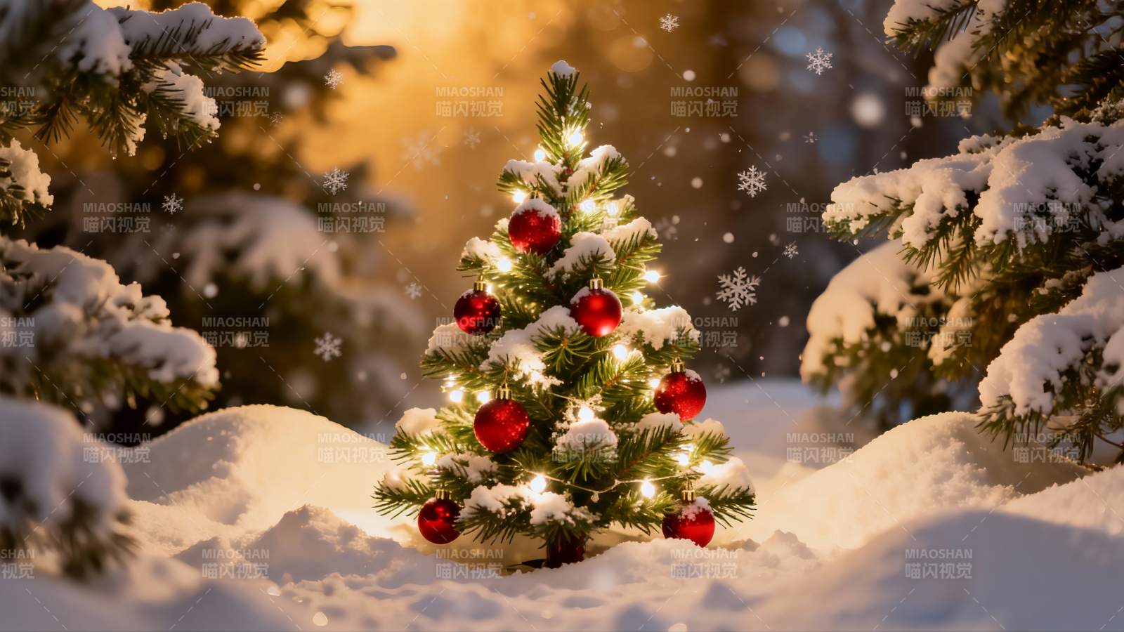 雪中圣诞树灯光闪烁图片