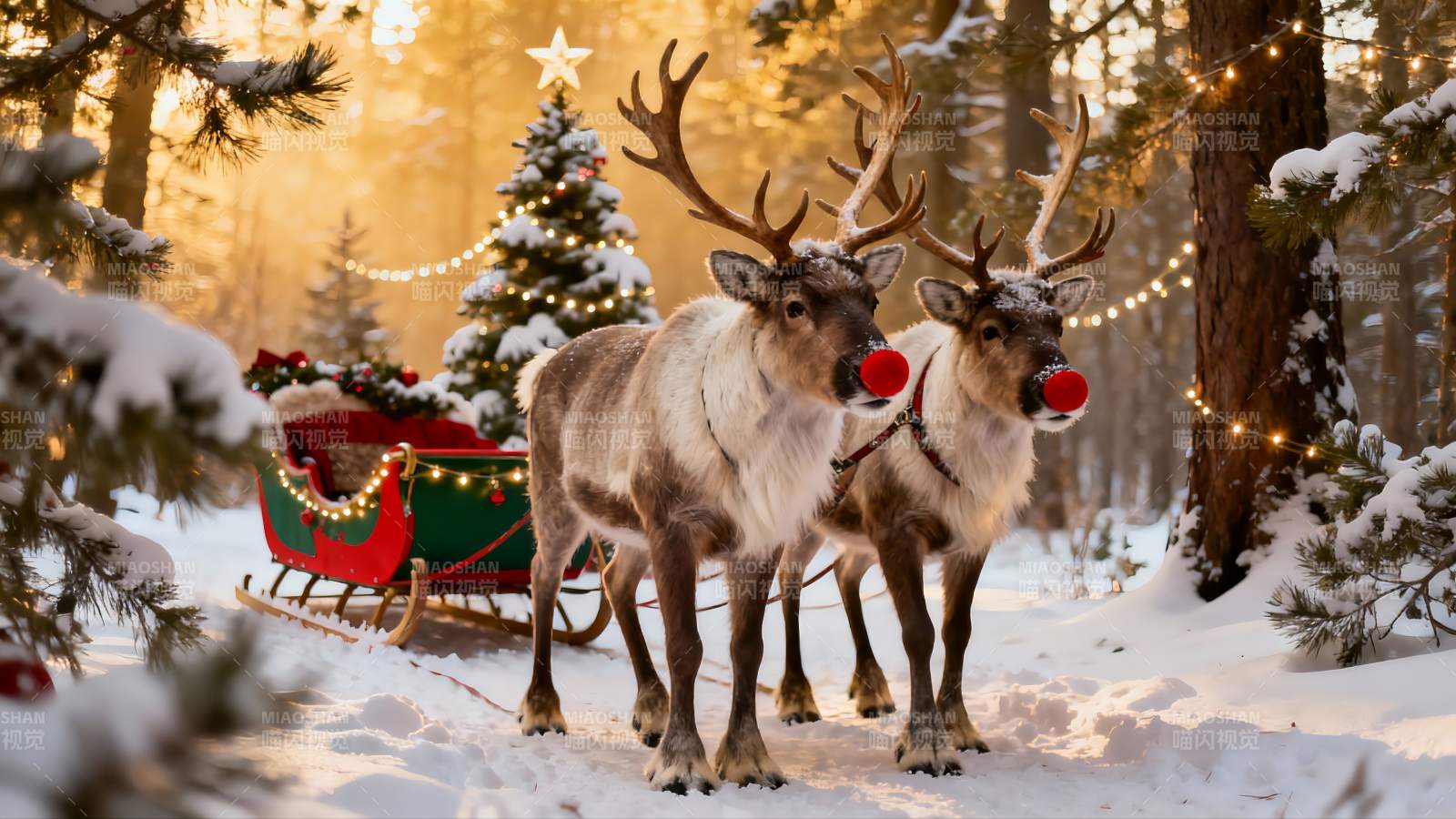 雪地圣诞驯鹿拉雪橇图片