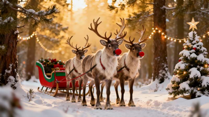 雪地圣诞驯鹿拉雪橇图片