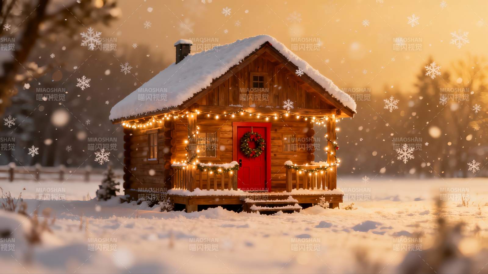 雪夜木屋灯火温馨图片