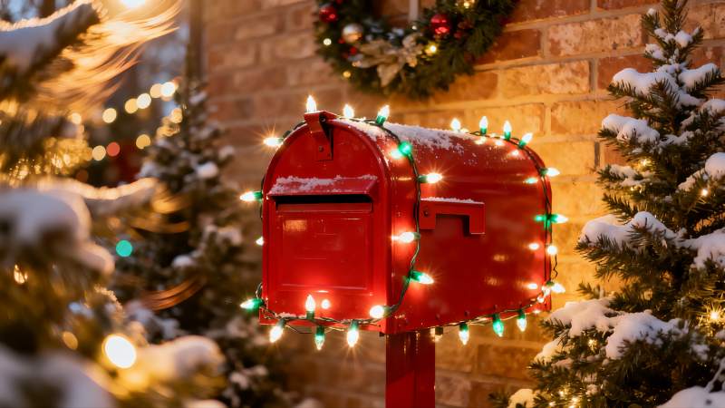 雪夜圣诞邮箱亮灯图片