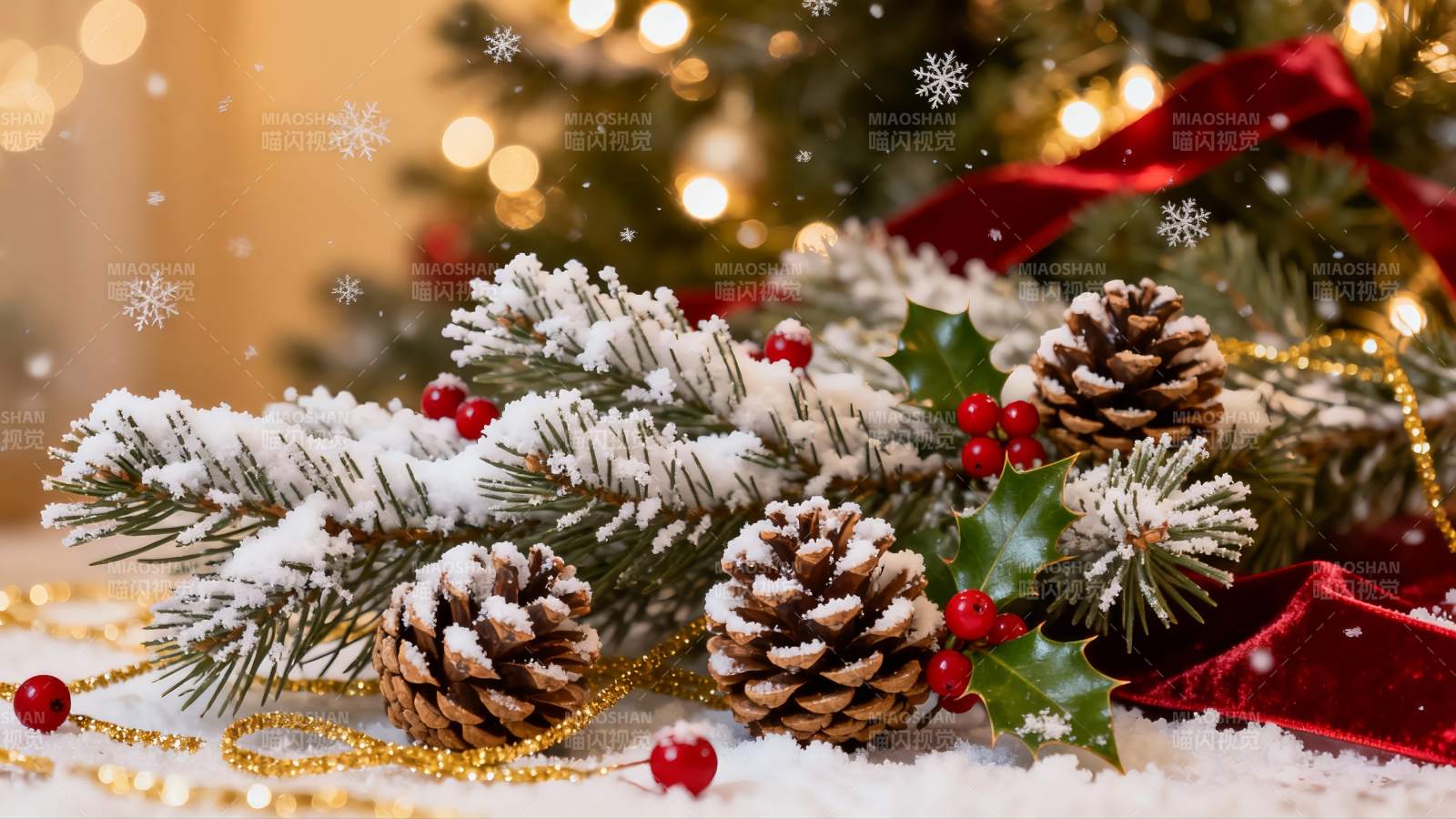 圣诞雪景松果红果装饰图片