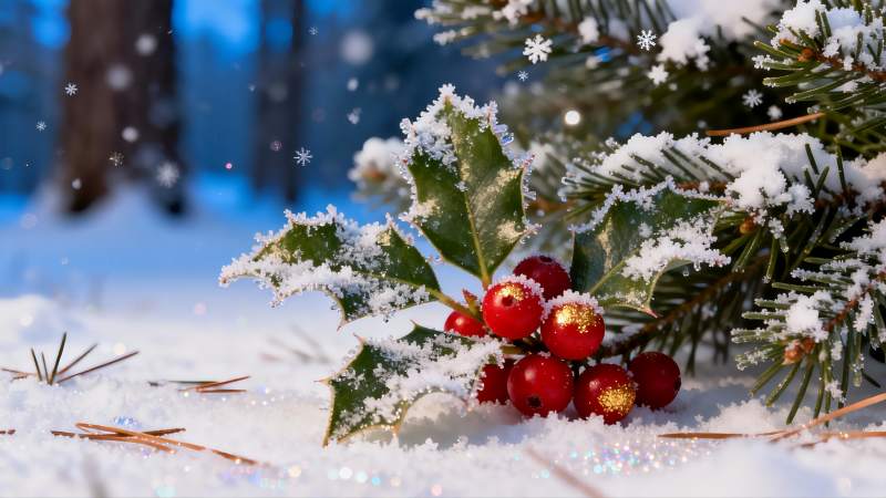 雪中红果绿叶冬日美景图片