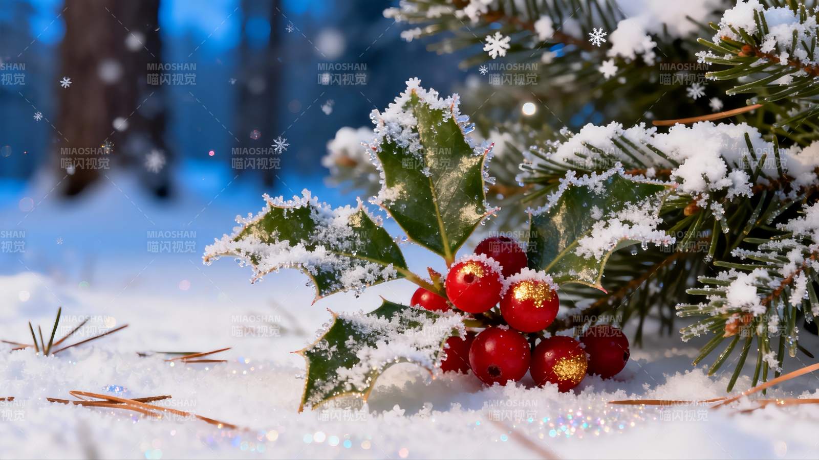 雪中红果绿叶冬日美景图片