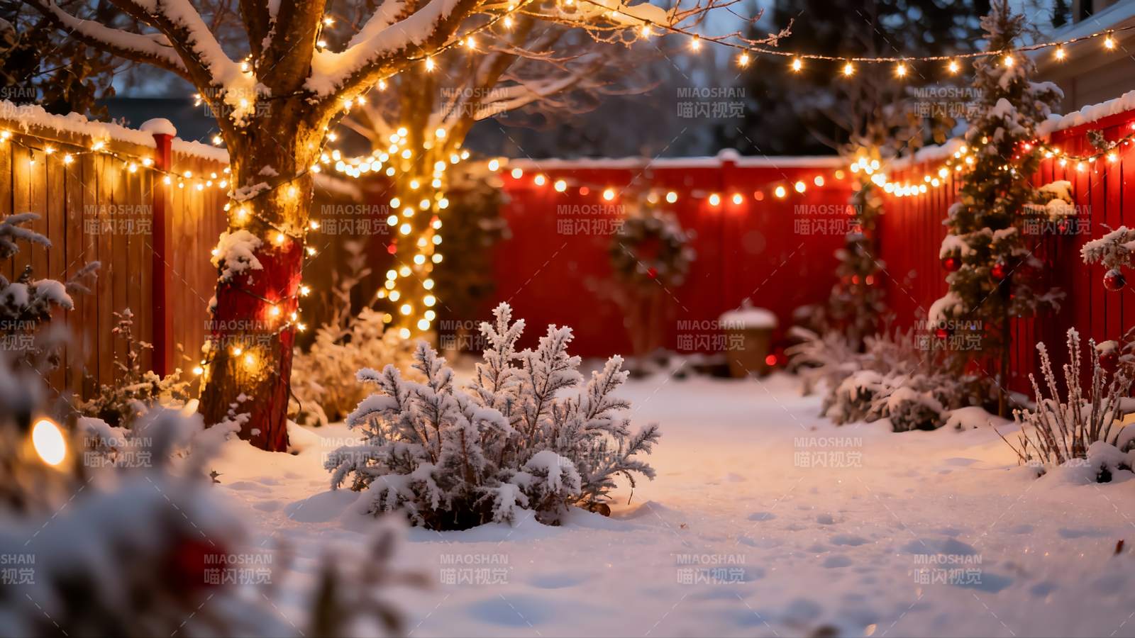 雪夜庭院灯光装饰图片