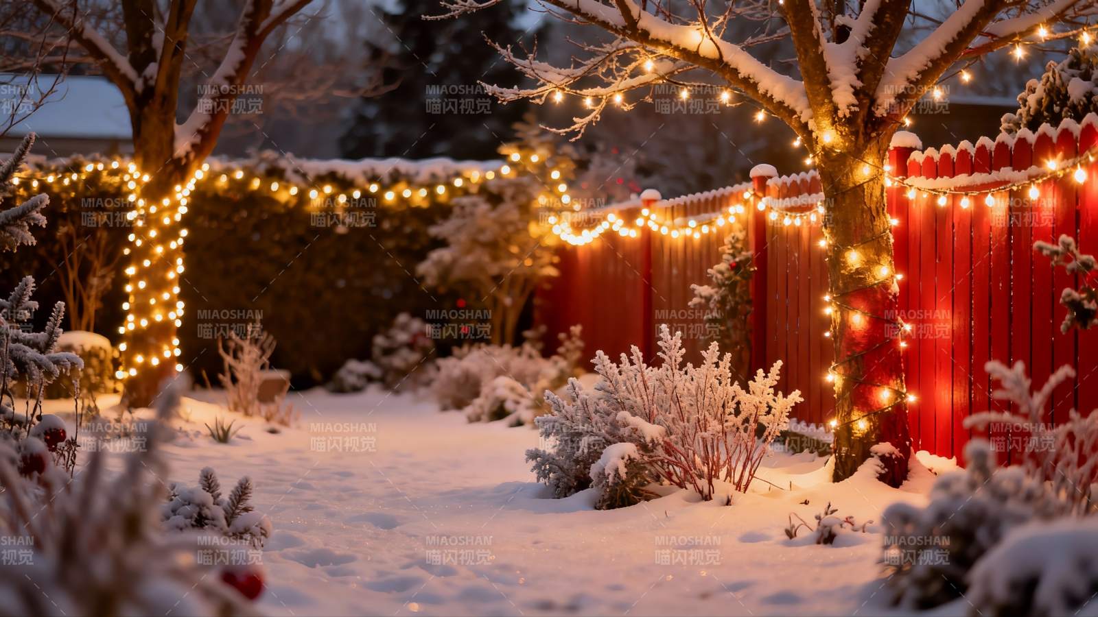 雪夜庭院灯光璀璨图片