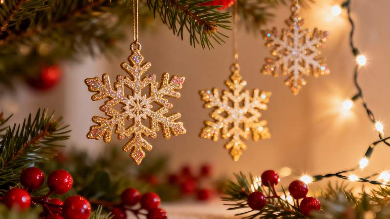 圣诞树上的金色雪花挂饰图片