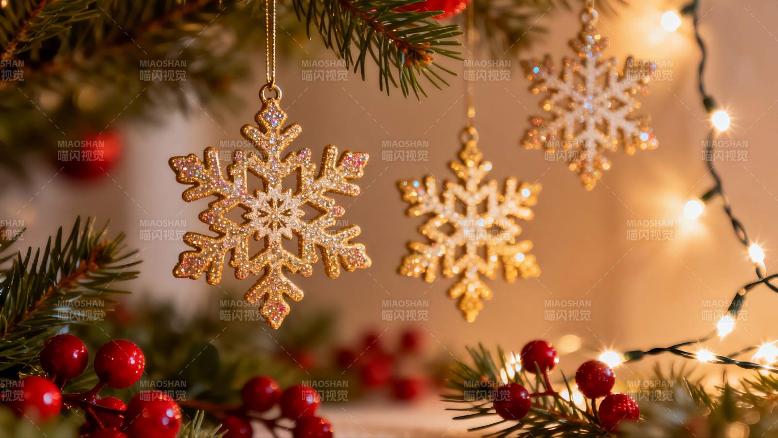 圣诞树上的金色雪花挂饰图片