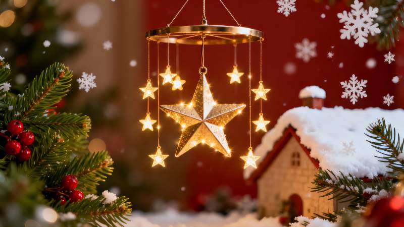 圣诞装饰灯光与雪景小屋图片