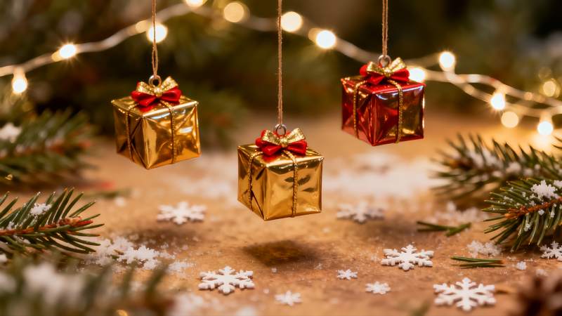 圣诞装饰礼盒与松枝图片