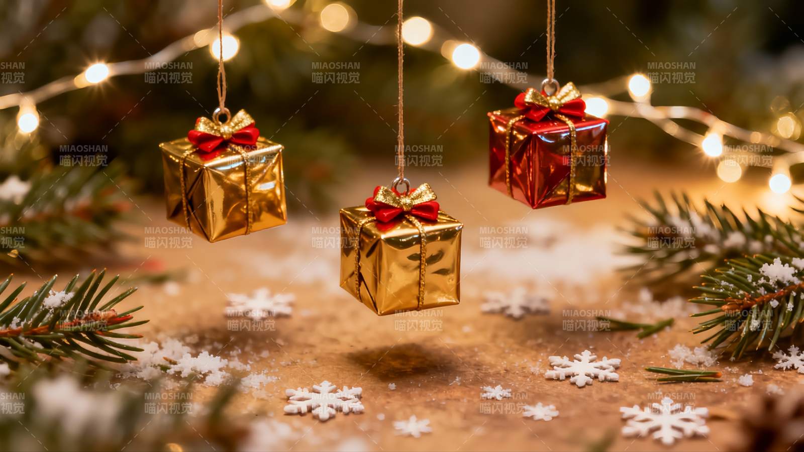 圣诞装饰礼盒与松枝图片