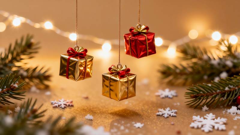 圣诞装饰礼盒与松枝图片