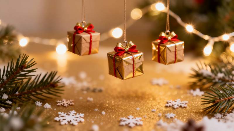 圣诞装饰礼盒与松枝图片