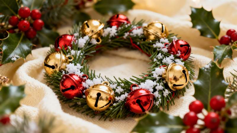 圣诞花环铃铛红果点缀图片