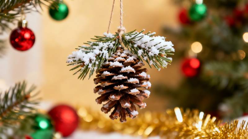 圣诞松果挂饰雪景图片