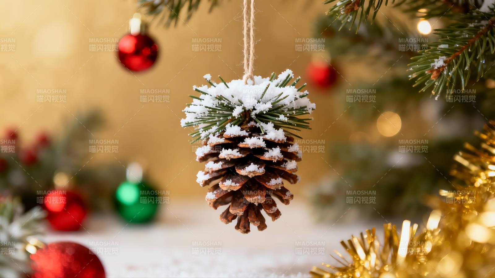 圣诞松果挂饰雪景图片