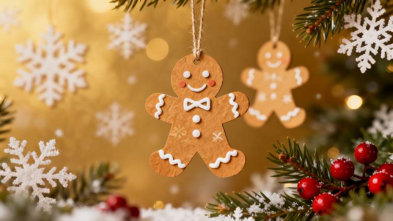 圣诞姜饼人挂饰与松枝雪景图片