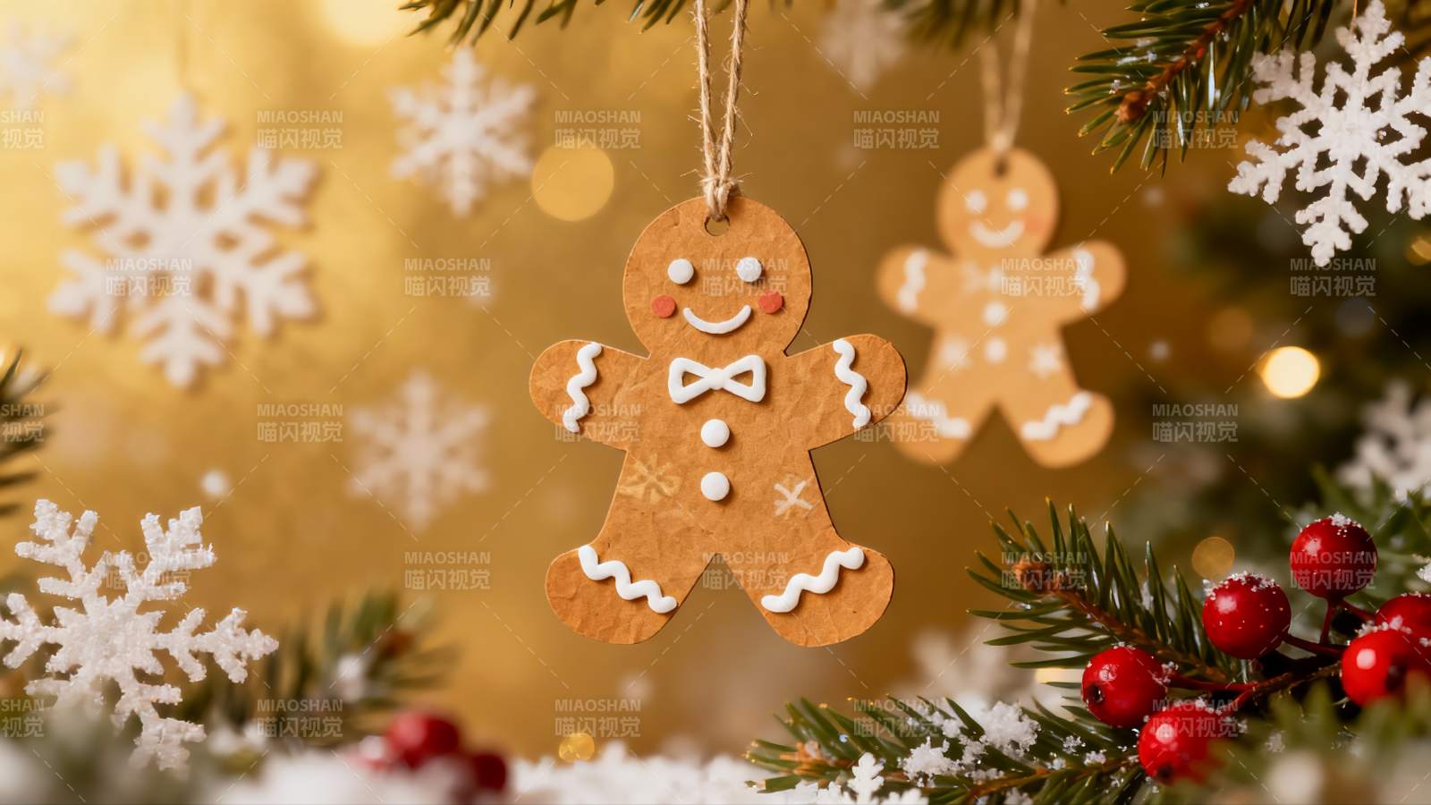 圣诞姜饼人挂饰与松枝雪景图片