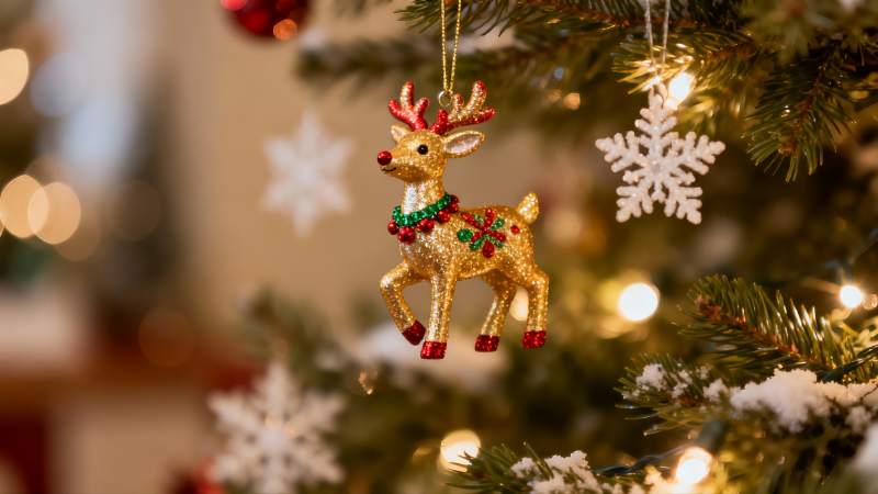 圣诞树上的金色驯鹿挂饰图片