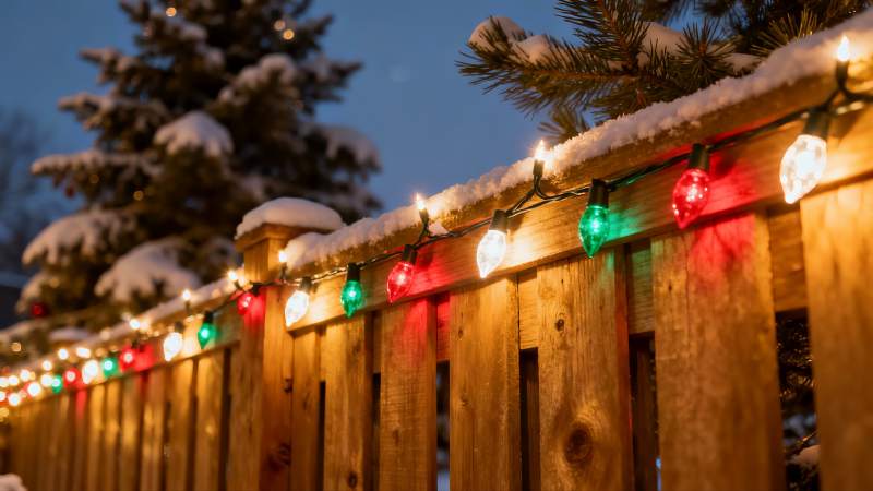 雪夜木栅栏彩灯装饰图片