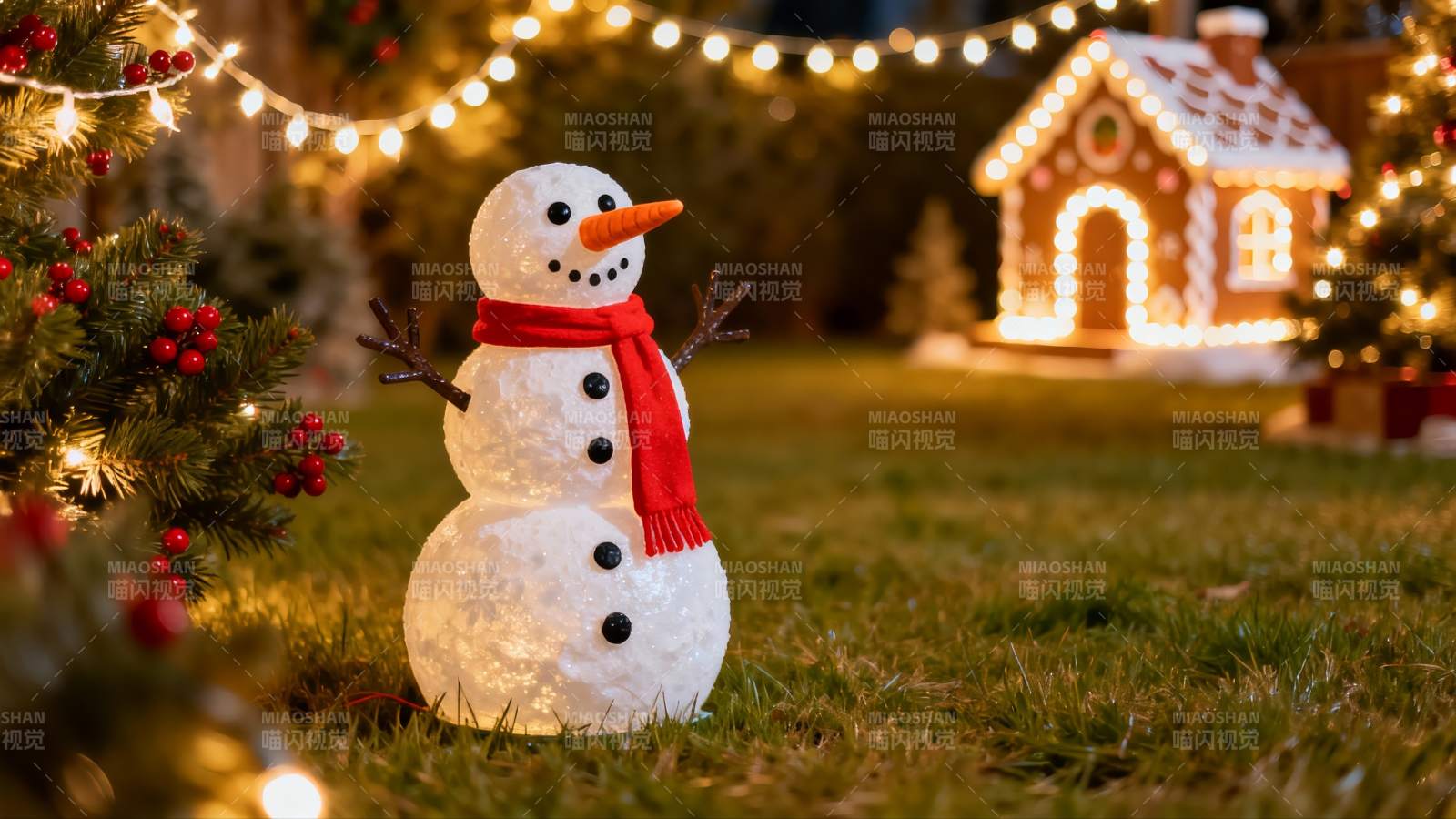 雪人装饰夜景图片
