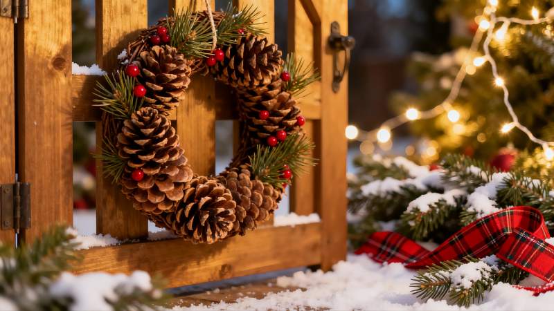 雪地木门上的松果花环图片