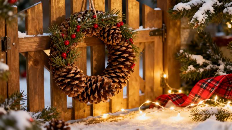 雪地木栅栏上的圣诞花环图片