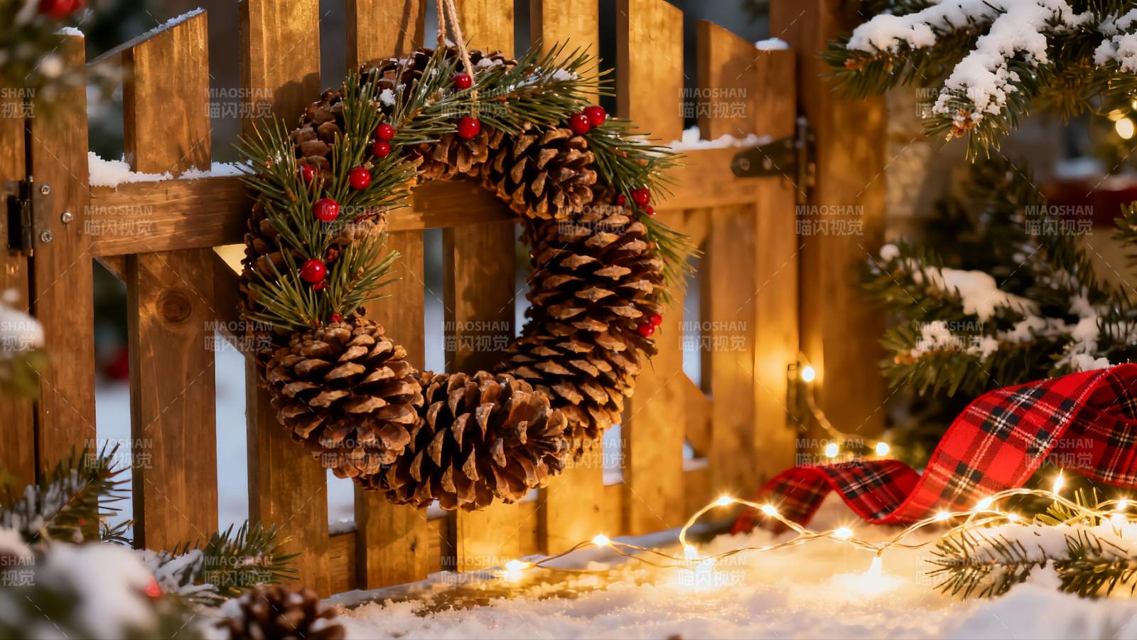 雪地木栅栏上的圣诞花环图片