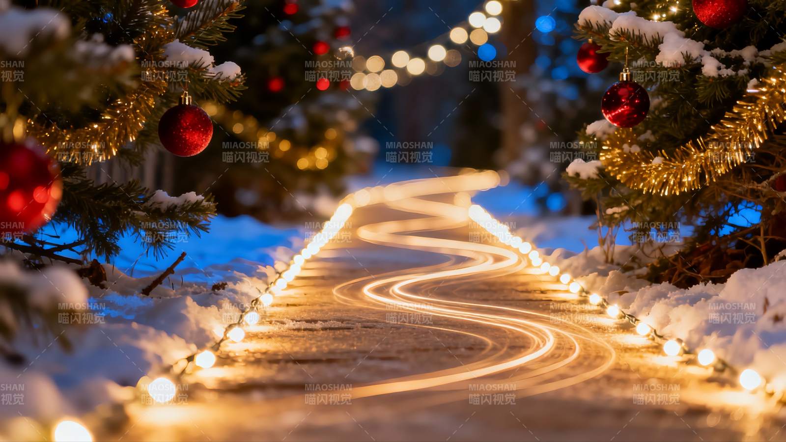 雪夜圣诞树灯光小径图片