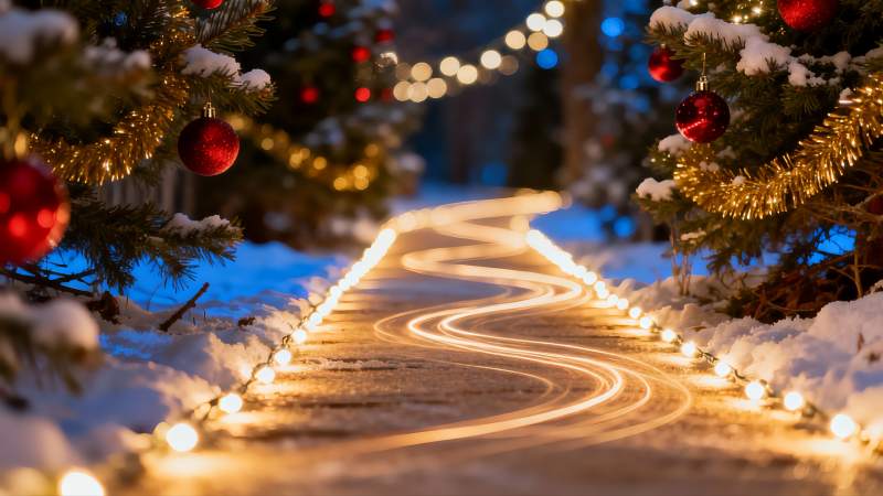 雪夜圣诞树灯光小径图片