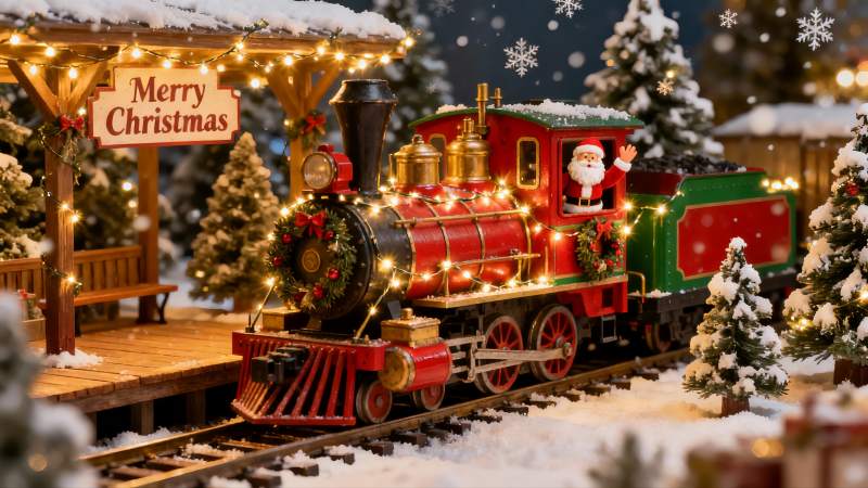 圣诞雪景火车与装饰小屋图片