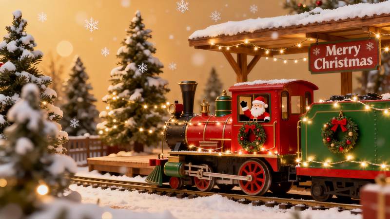 圣诞雪景火车与装饰图片