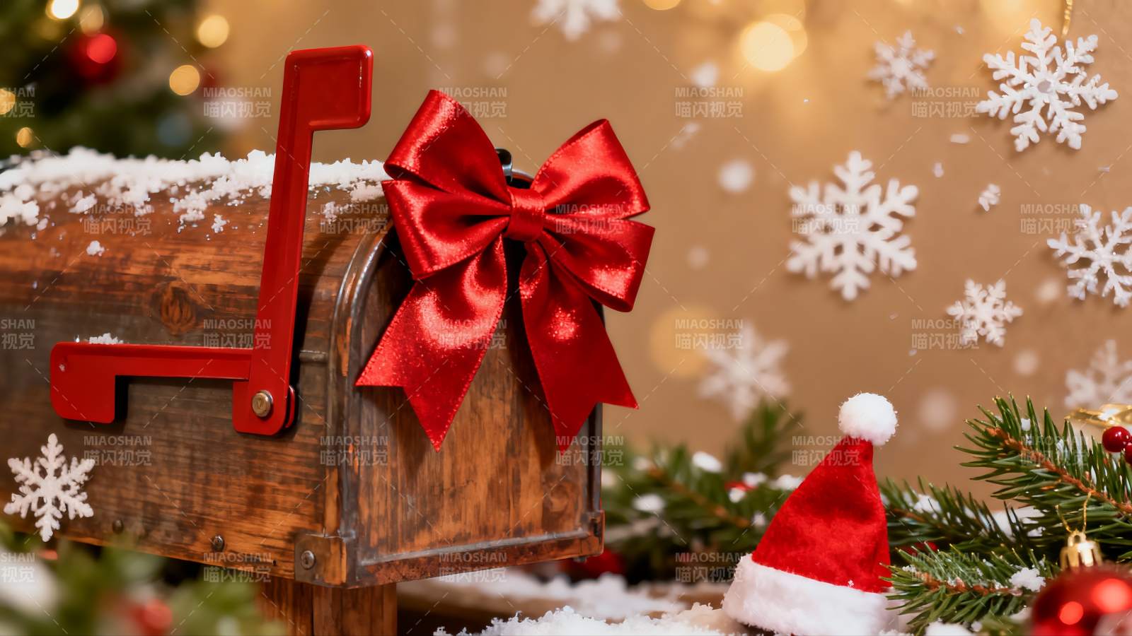 圣诞装饰木箱与红色蝴蝶结图片