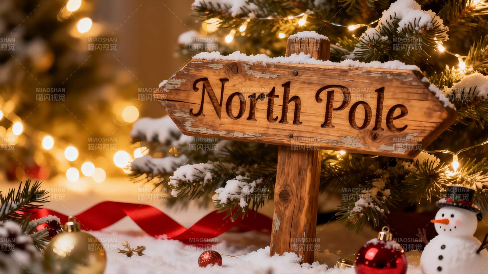 圣诞树旁的北极指示牌图片