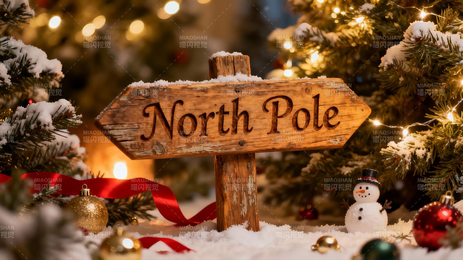 圣诞雪景中的北极指示牌图片