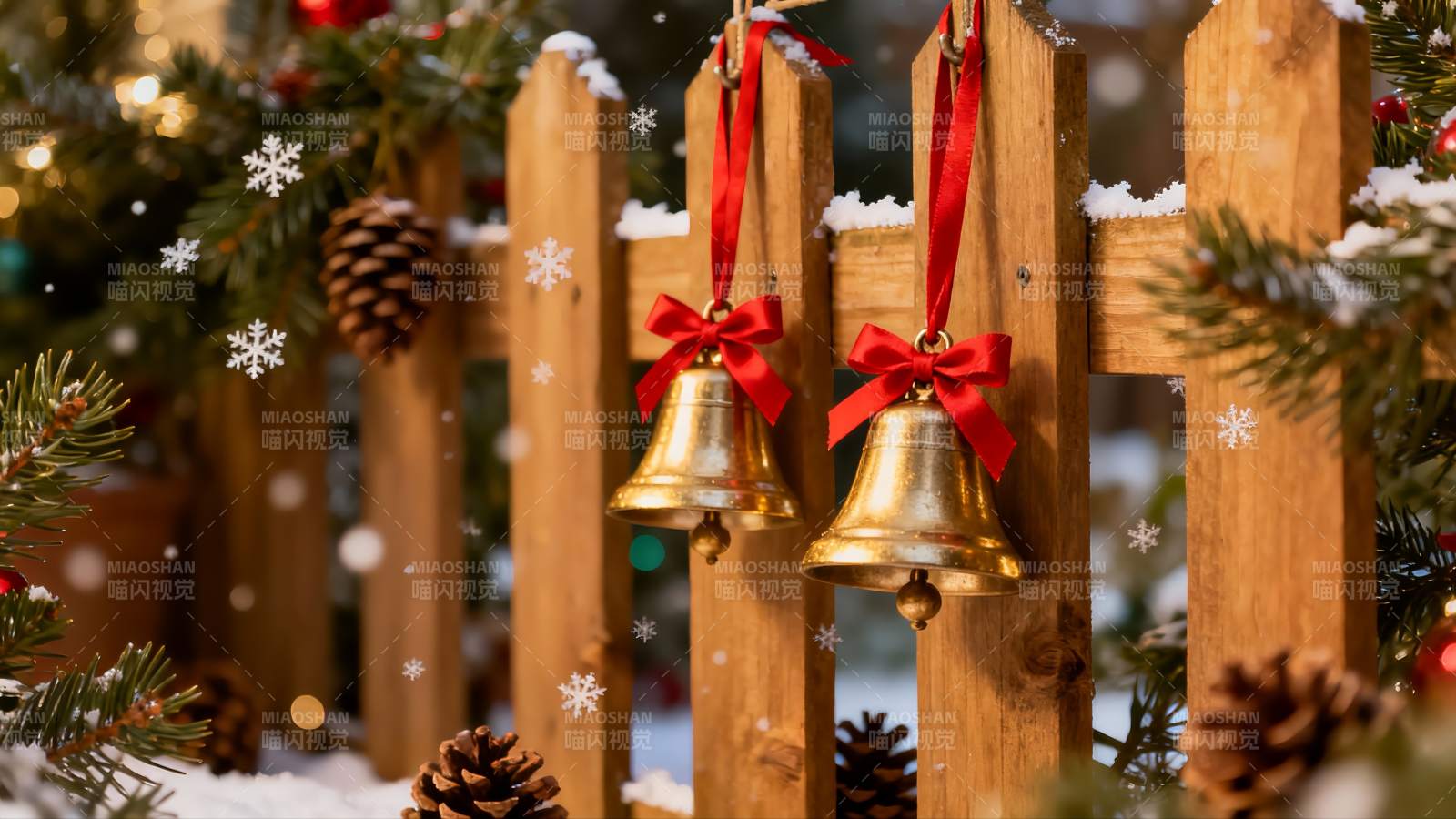 圣诞铃铛挂木栅雪景图片