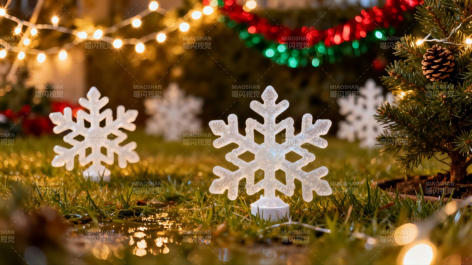 圣诞雪景灯饰点缀草地图片