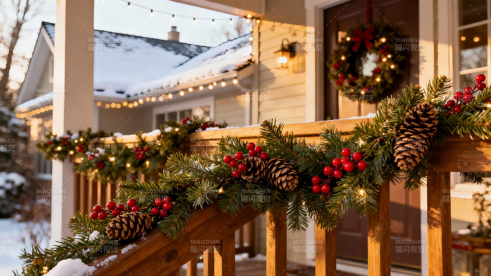 冬日圣诞装饰的温馨门廊图片